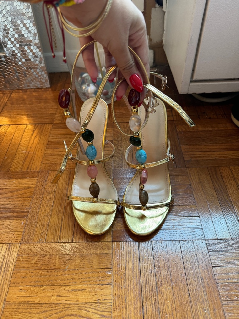 Gold Beaded Strappy Women's Sandals